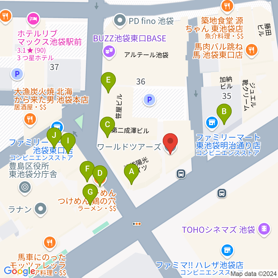 ロックハウスイケベ池袋周辺のファミレス・ファーストフード一覧地図