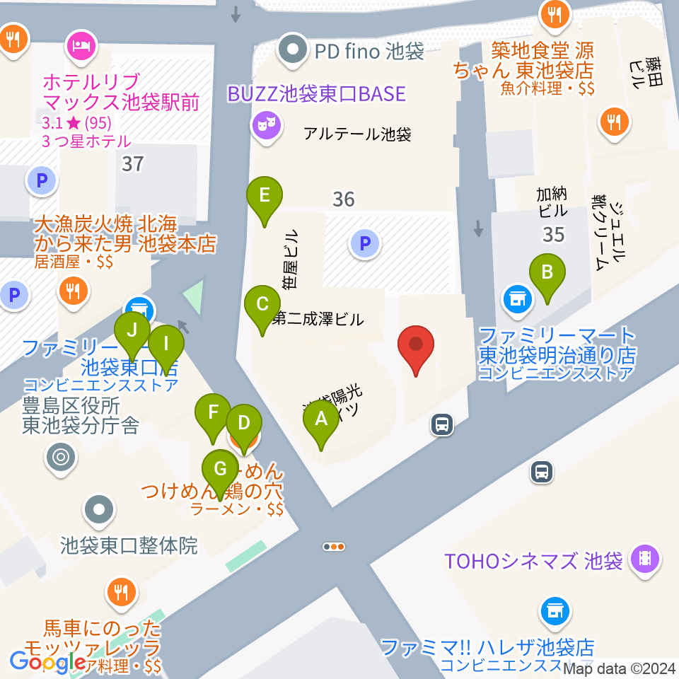 ロックハウスイケベ池袋周辺のファミレス・ファーストフード一覧地図