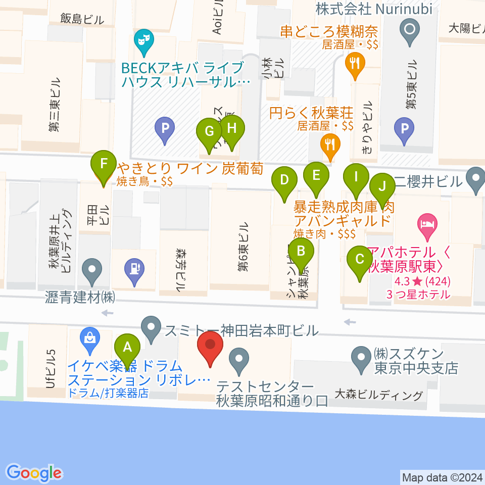 イケベ楽器店リボレ秋葉原周辺のファミレス・ファーストフード一覧地図