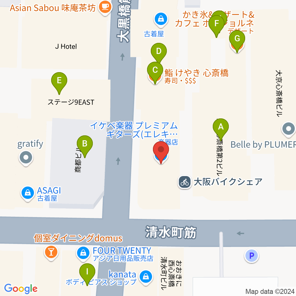 イケベ楽器店プレミアムギターズ周辺のファミレス・ファーストフード一覧地図