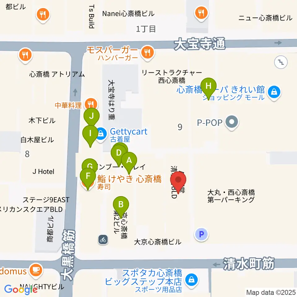 イシバシ楽器 心斎橋店周辺のファミレス・ファーストフード一覧地図
