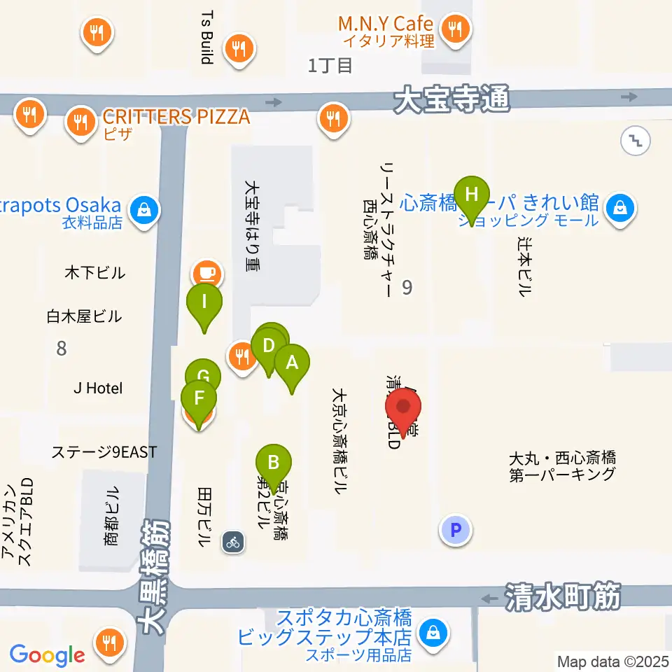 イシバシ楽器 心斎橋店周辺のファミレス・ファーストフード一覧地図