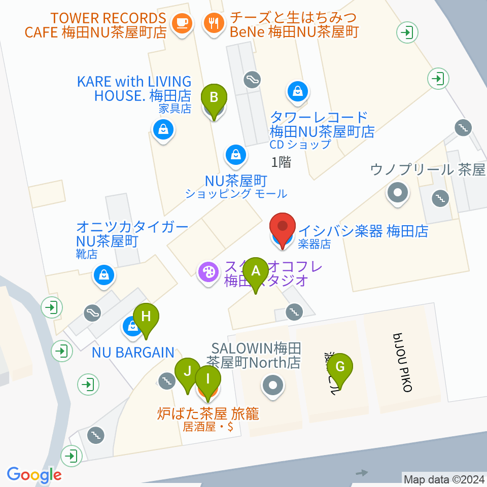 イシバシ楽器 梅田店周辺のファミレス・ファーストフード一覧地図