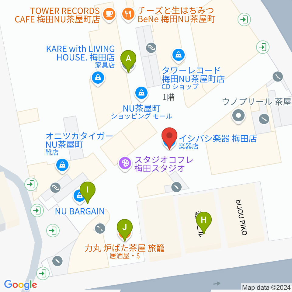 イシバシ楽器 梅田店周辺のファミレス・ファーストフード一覧地図