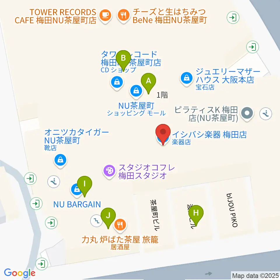 イシバシ楽器 梅田店周辺のファミレス・ファーストフード一覧地図