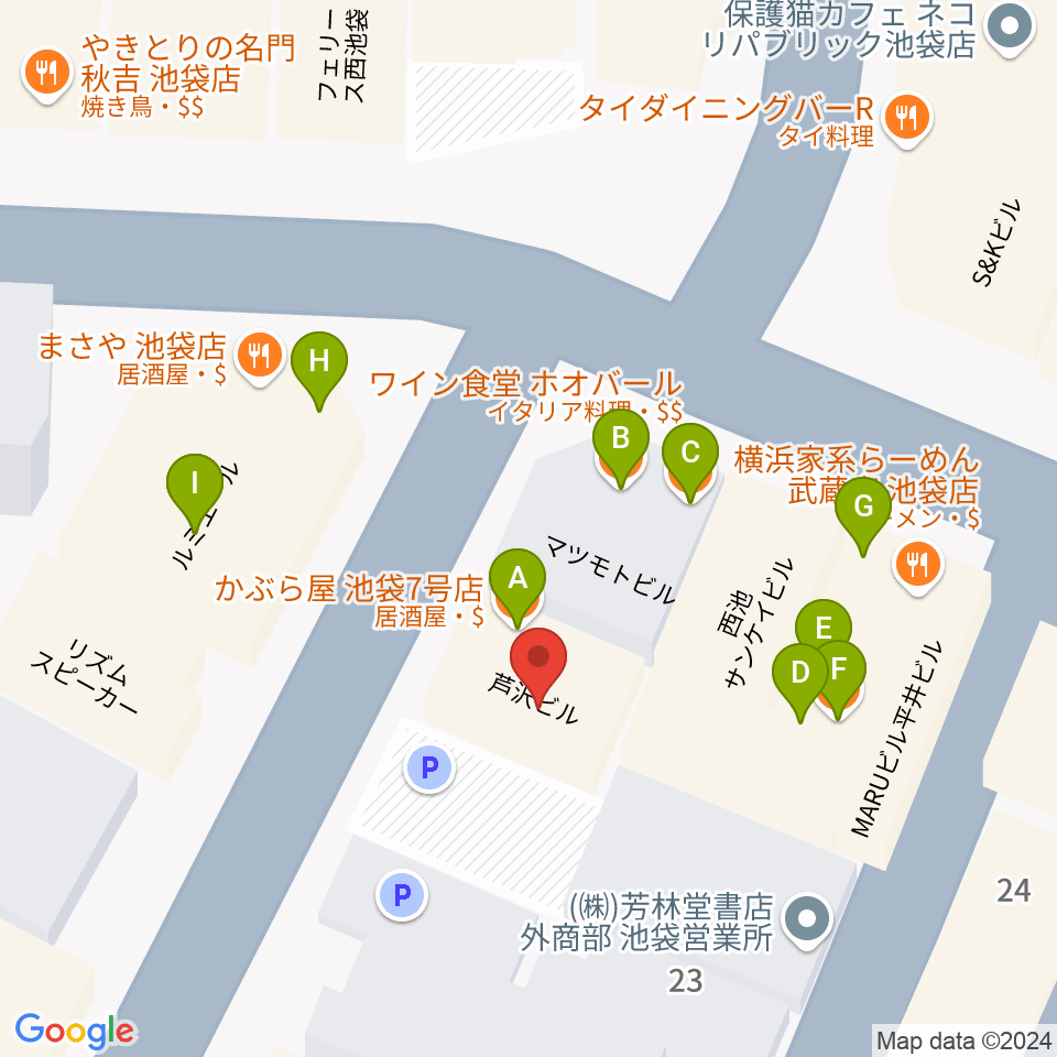 イケガク周辺のファミレス・ファーストフード一覧地図