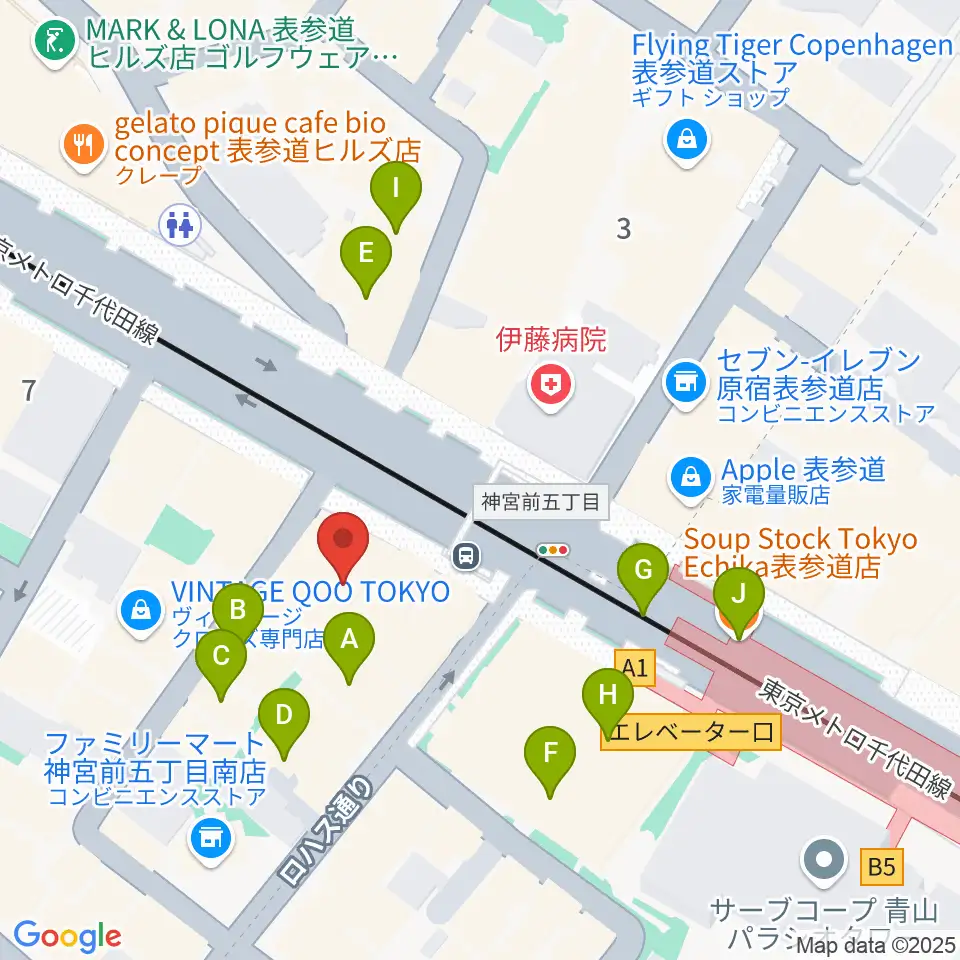 カワイ表参道周辺のファミレス・ファーストフード一覧地図