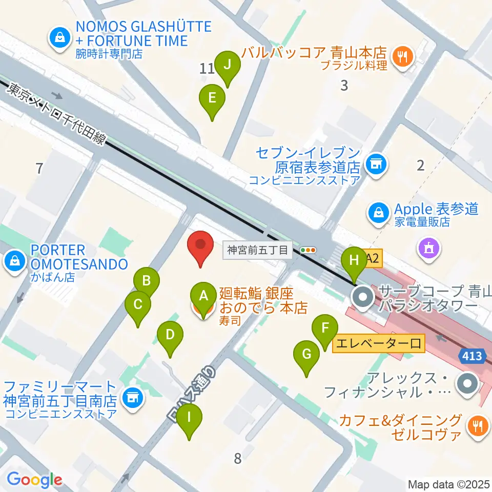 カワイ表参道周辺のファミレス・ファーストフード一覧地図
