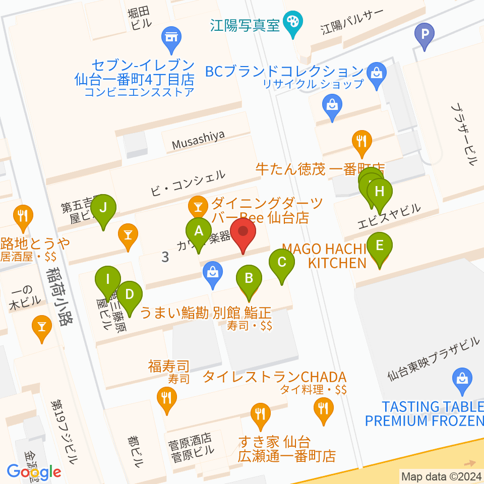 カワイ仙台周辺のファミレス・ファーストフード一覧地図