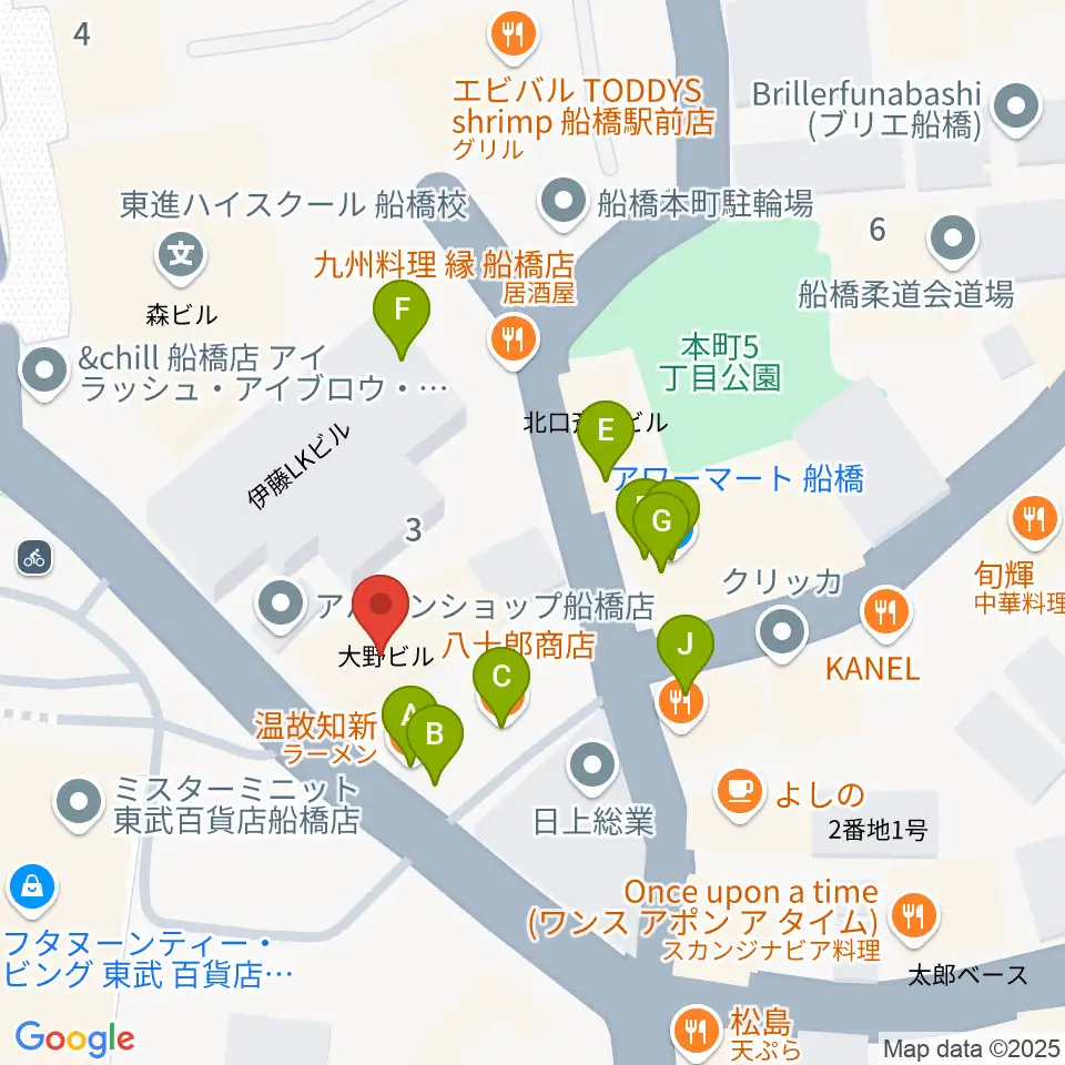 YuMe VOCAL SCHOOL 千葉船橋校周辺のファミレス・ファーストフード一覧地図