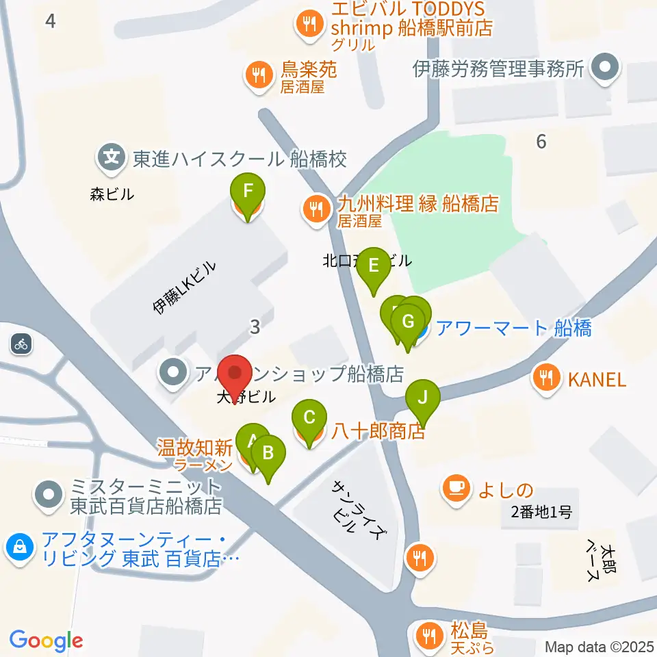 YuMe VOCAL SCHOOL 千葉船橋校周辺のファミレス・ファーストフード一覧地図