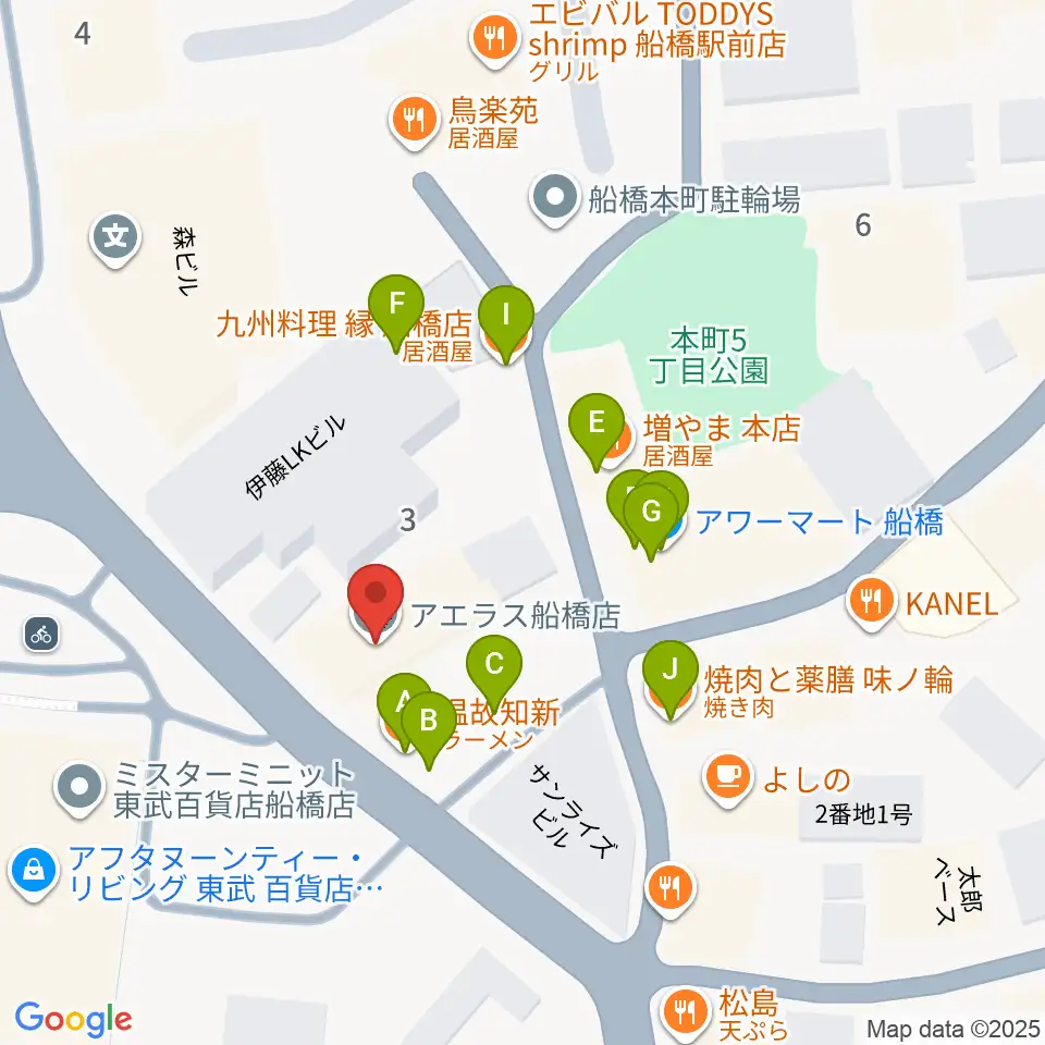 YuMe VOCAL SCHOOL 千葉船橋校周辺のファミレス・ファーストフード一覧地図