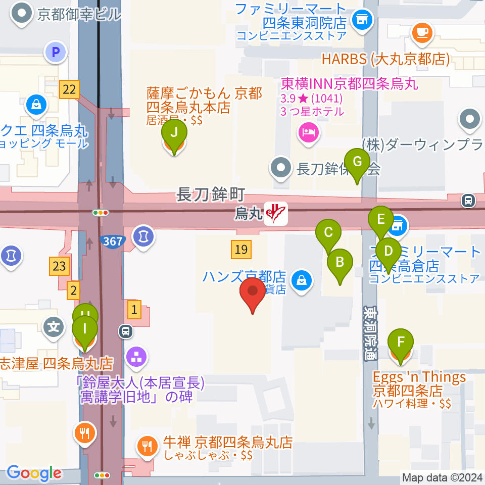 JEUGIAミュージックサロン四条周辺のファミレス・ファーストフード一覧地図