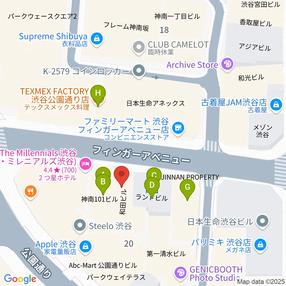 シアーミュージック渋谷校周辺のファミレス・ファーストフード一覧地図