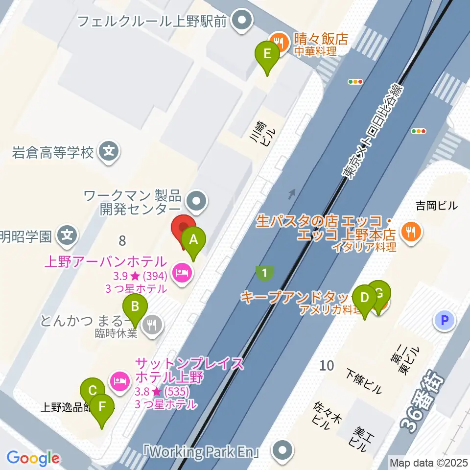 シアーミュージック 上野校周辺のファミレス・ファーストフード一覧地図