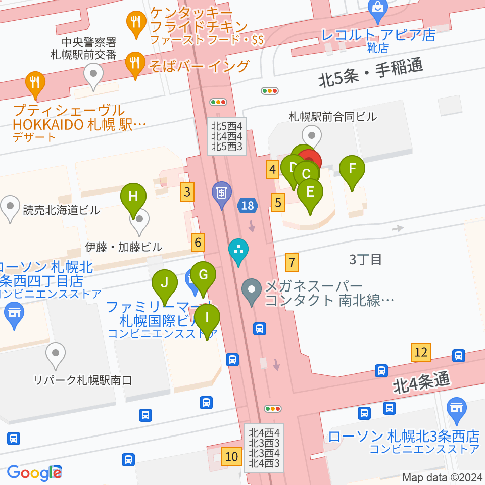 シアーミュージック 札幌校周辺のファミレス・ファーストフード一覧地図