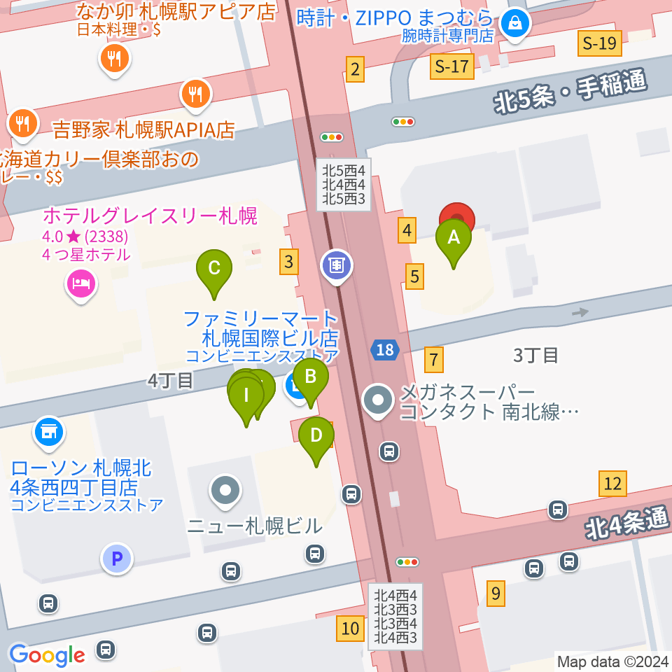 シアーミュージック 札幌校周辺のファミレス・ファーストフード一覧地図