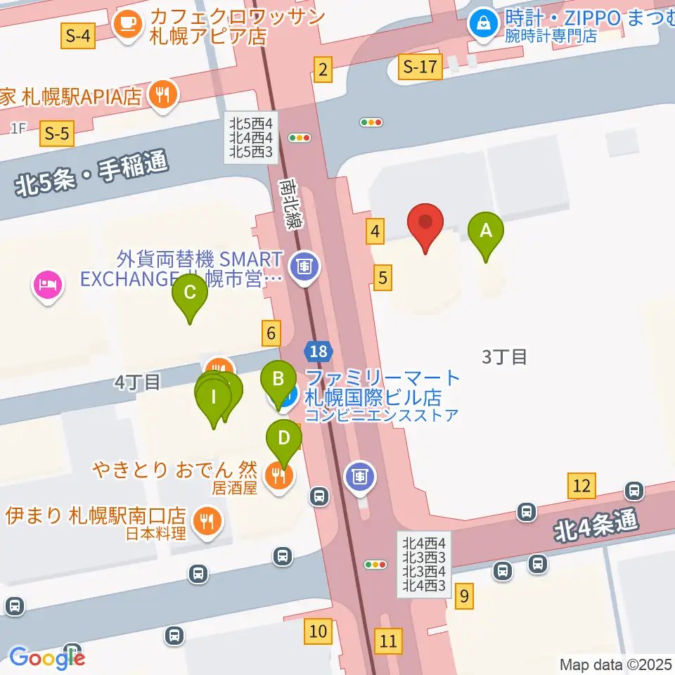 シアーミュージック 札幌校周辺のファミレス・ファーストフード一覧地図