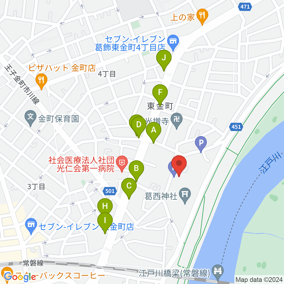 うえのおんがくじゅく かなまち周辺のファミレス・ファーストフード一覧地図