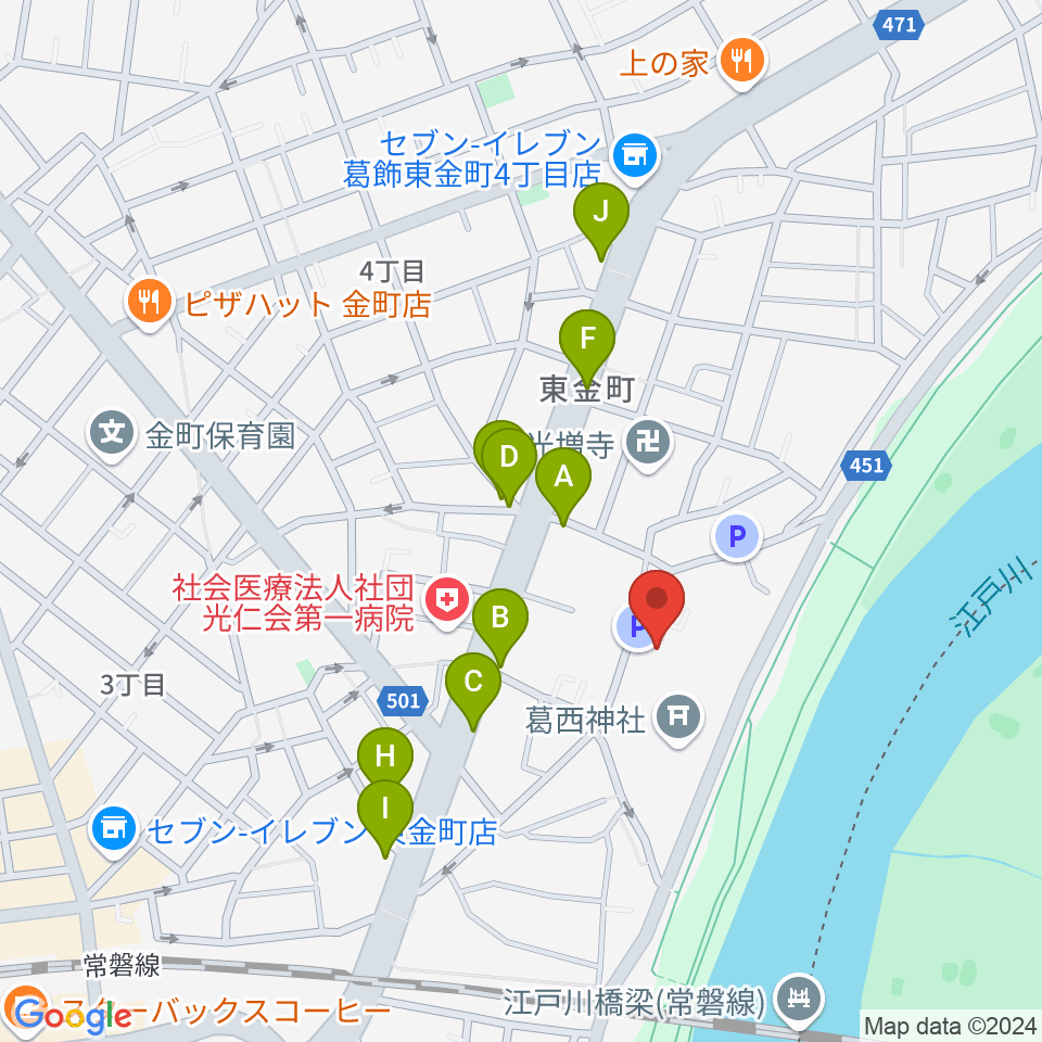 うえのおんがくじゅく かなまち周辺のファミレス・ファーストフード一覧地図