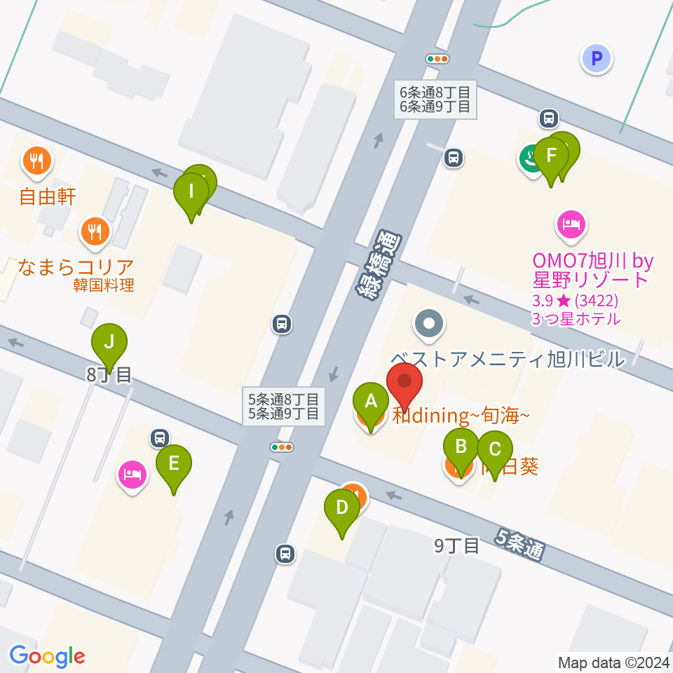 カワイ旭川ショップ周辺のファミレス・ファーストフード一覧地図