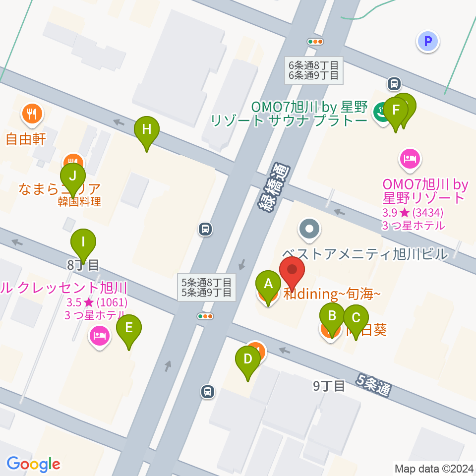 カワイ旭川ショップ周辺のファミレス・ファーストフード一覧地図