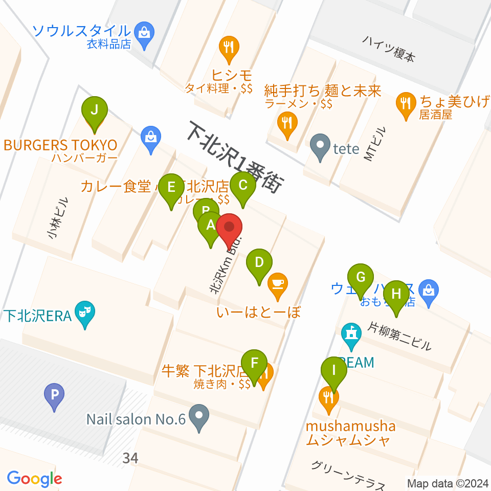 下北沢ラウン周辺のファミレス・ファーストフード一覧地図