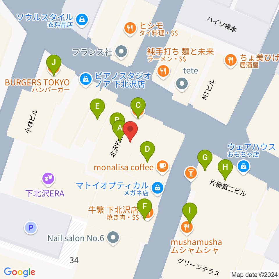 下北沢ラウン周辺のファミレス・ファーストフード一覧地図