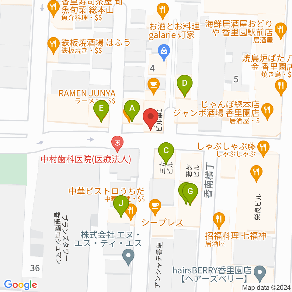 第一楽器 香里店周辺のファミレス・ファーストフード一覧地図