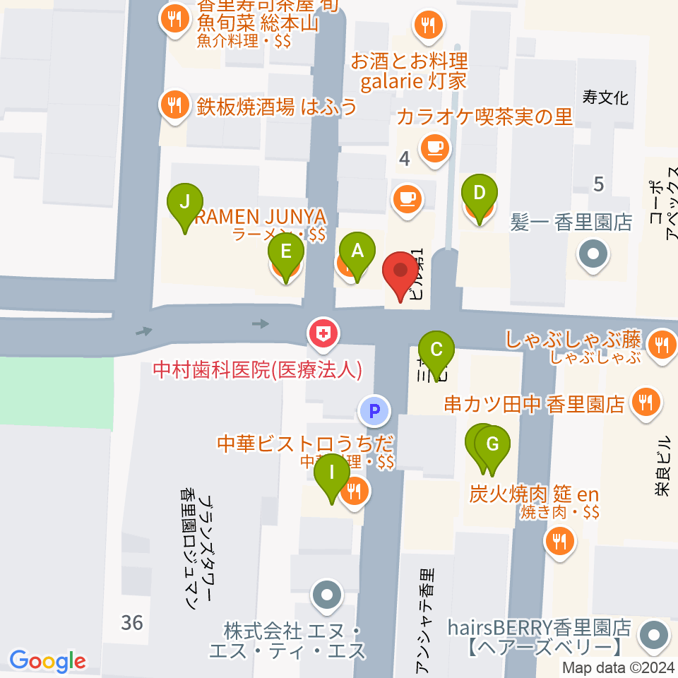 第一楽器 香里店周辺のファミレス・ファーストフード一覧地図