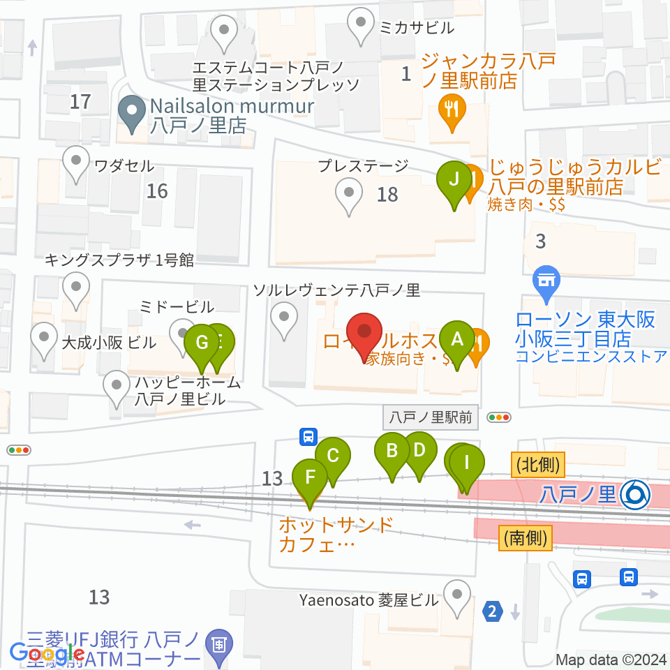第一楽器 八戸ノ里店周辺のファミレス・ファーストフード一覧地図