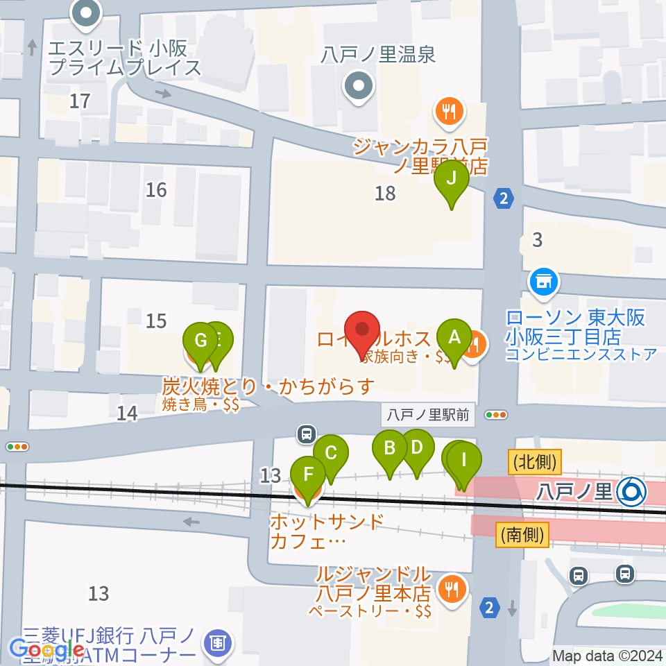 第一楽器 八戸ノ里店周辺のファミレス・ファーストフード一覧地図