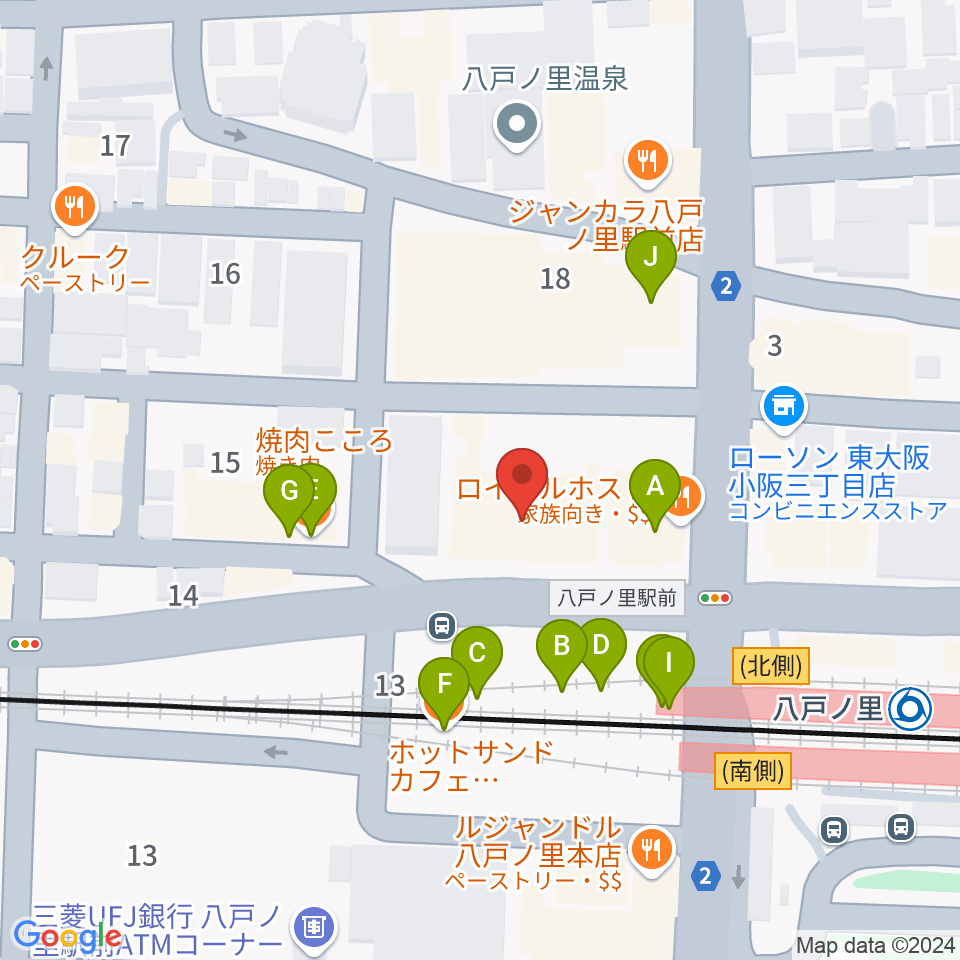 第一楽器 八戸ノ里店周辺のファミレス・ファーストフード一覧地図