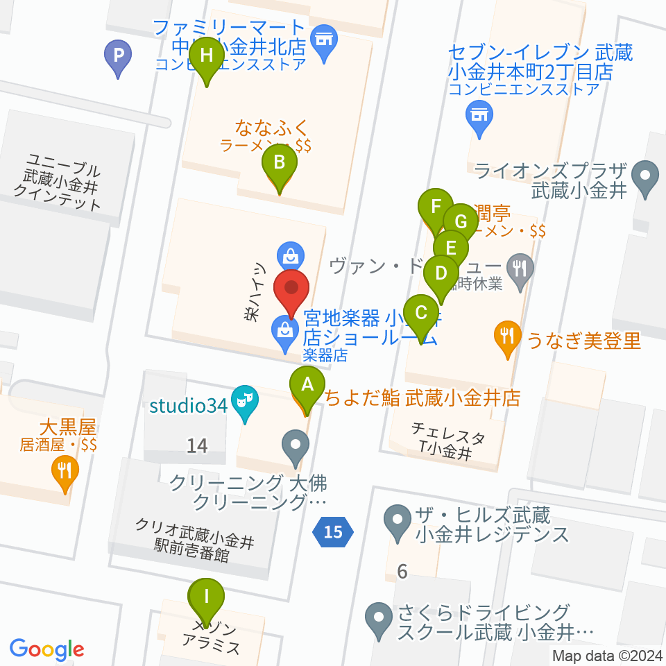 宮地楽器 小金井店周辺のファミレス・ファーストフード一覧地図