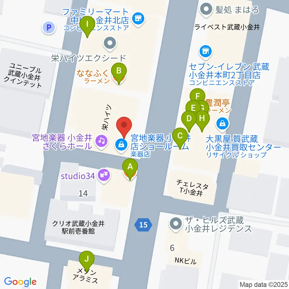 宮地楽器 小金井店周辺のファミレス・ファーストフード一覧地図