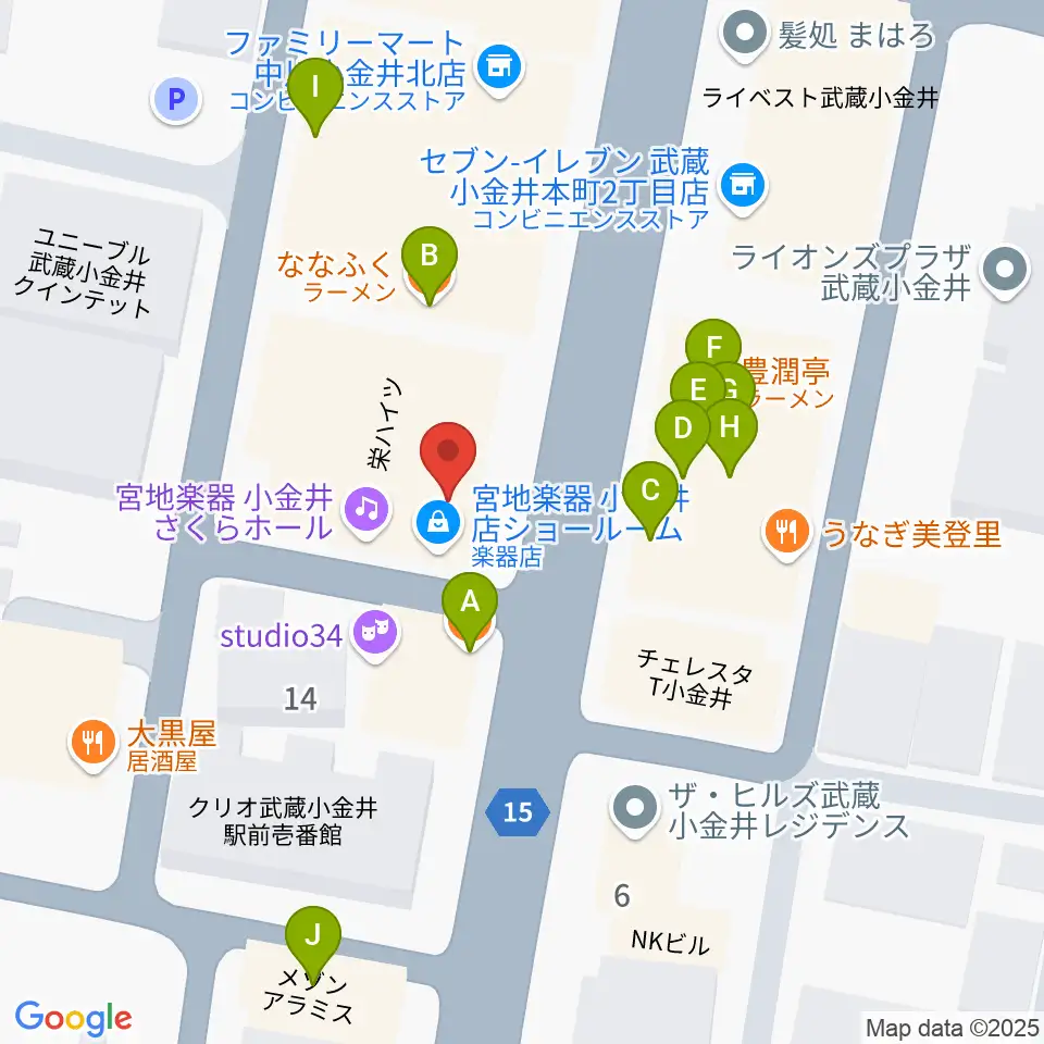 宮地楽器 小金井店周辺のファミレス・ファーストフード一覧地図