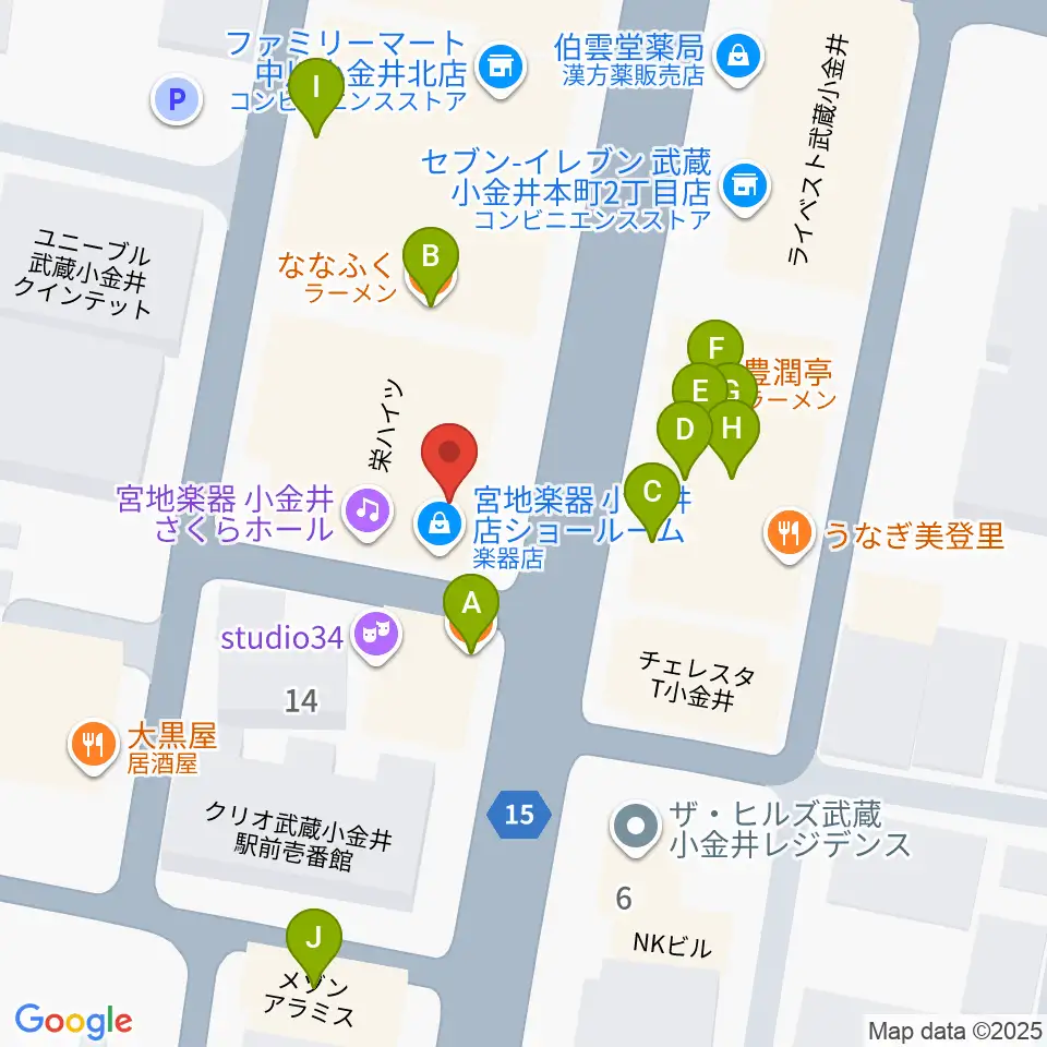 宮地楽器 小金井店周辺のファミレス・ファーストフード一覧地図