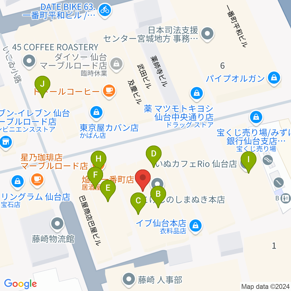 BIGBOSS仙台周辺のファミレス・ファーストフード一覧地図