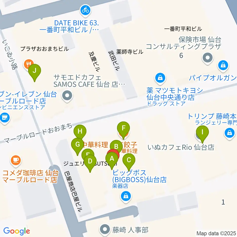 BIGBOSS仙台周辺のファミレス・ファーストフード一覧地図