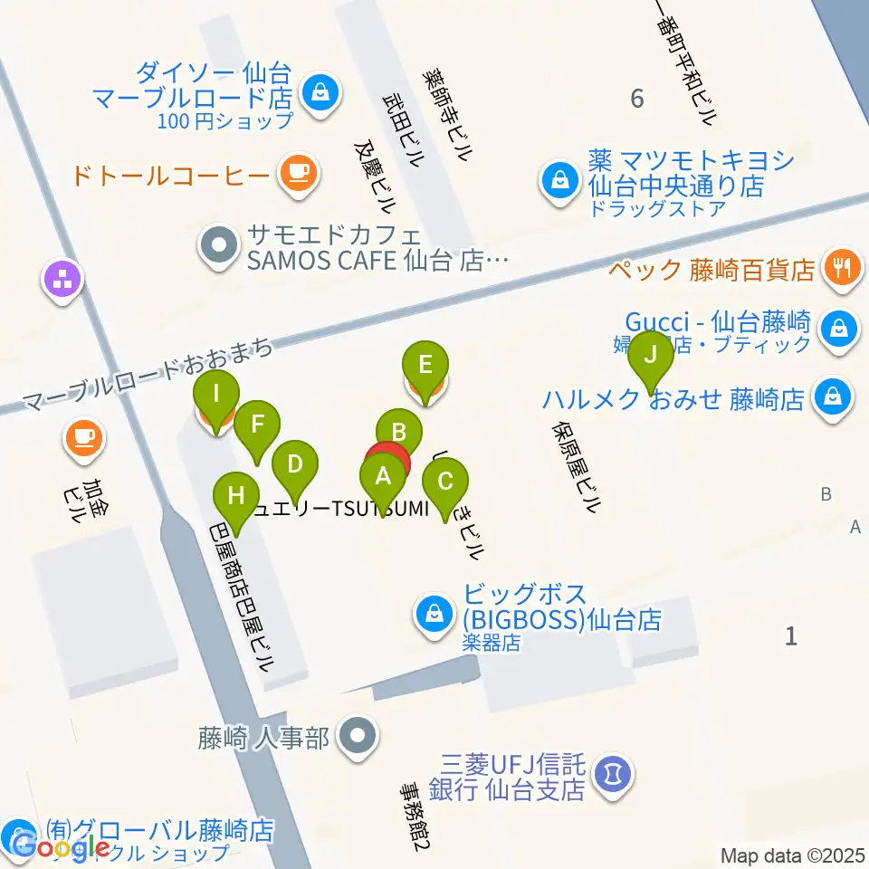 BIGBOSS仙台周辺のファミレス・ファーストフード一覧地図