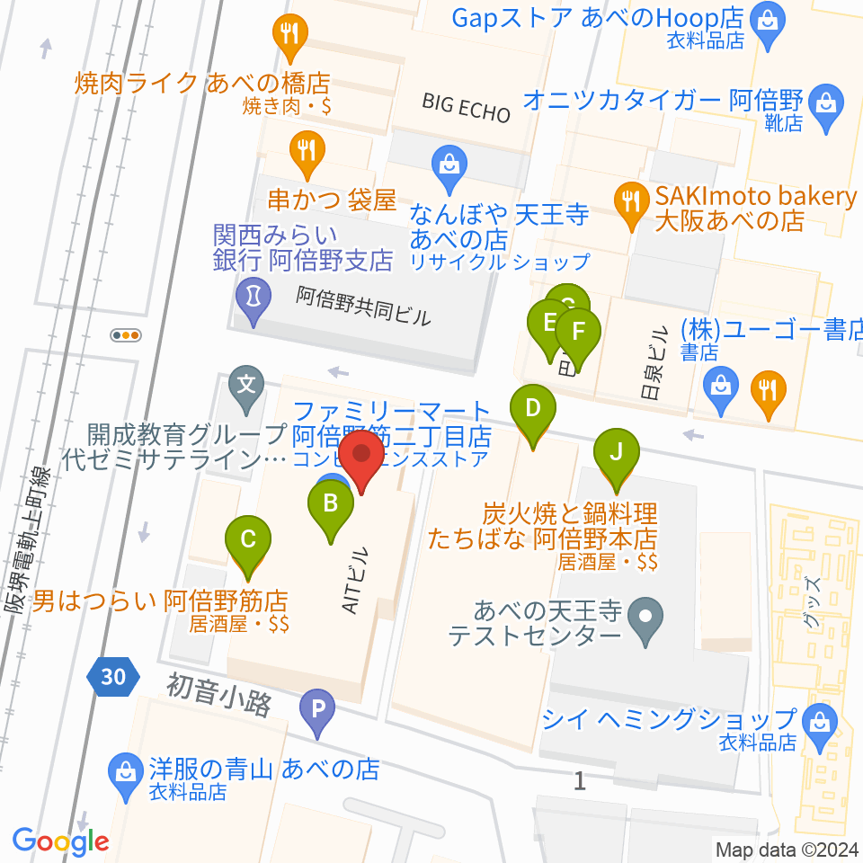 ワタナベ楽器店 音楽館周辺のファミレス・ファーストフード一覧地図