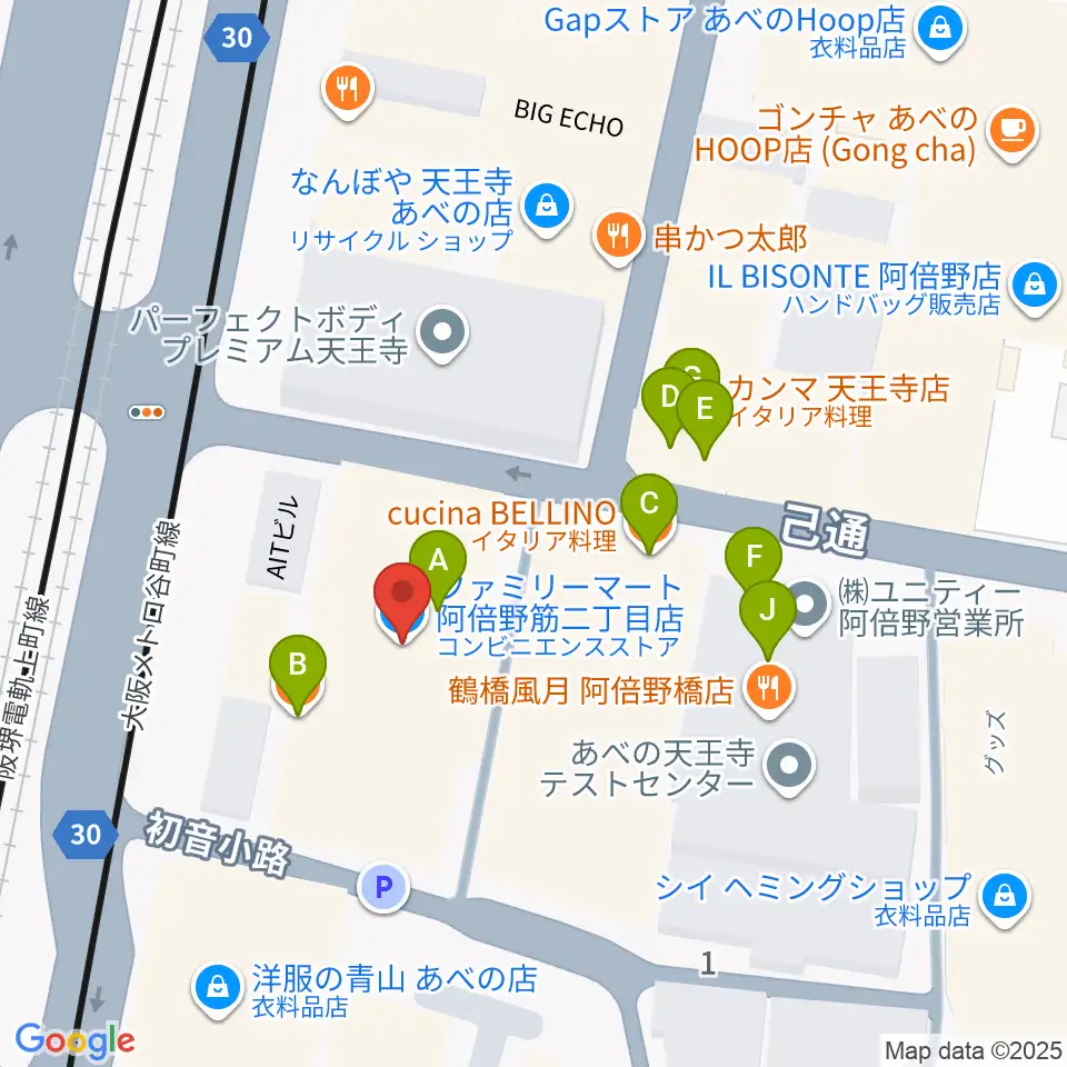 ワタナベ楽器店 音楽館周辺のファミレス・ファーストフード一覧地図