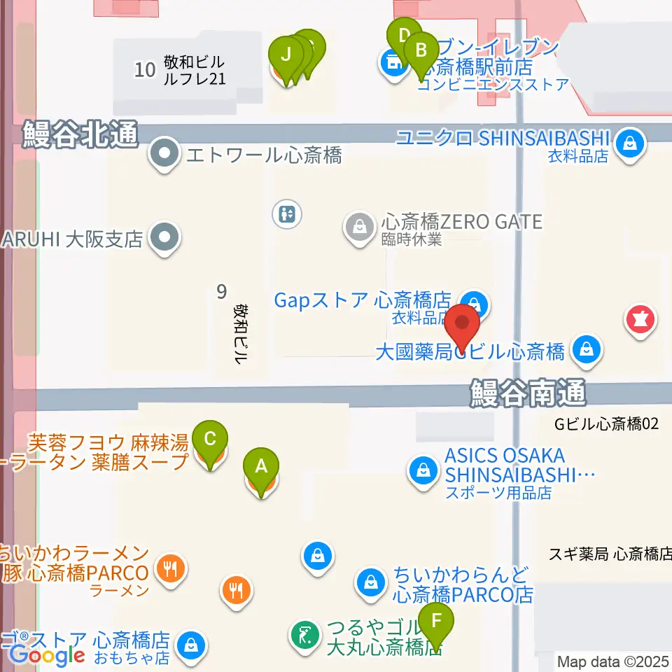 三木楽器 心斎橋店周辺のファミレス・ファーストフード一覧地図