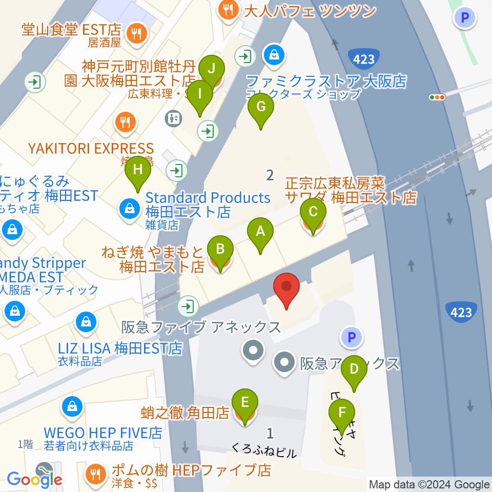 三木楽器 梅田店周辺のファミレス・ファーストフード一覧地図