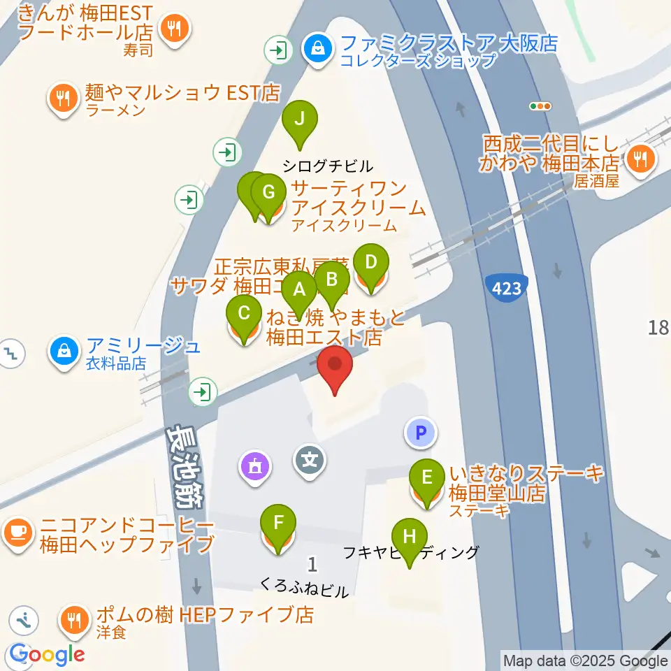 三木楽器 梅田店周辺のファミレス・ファーストフード一覧地図