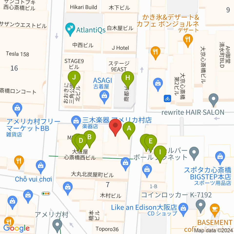 三木楽器アメリカ村店周辺のファミレス・ファーストフード一覧地図