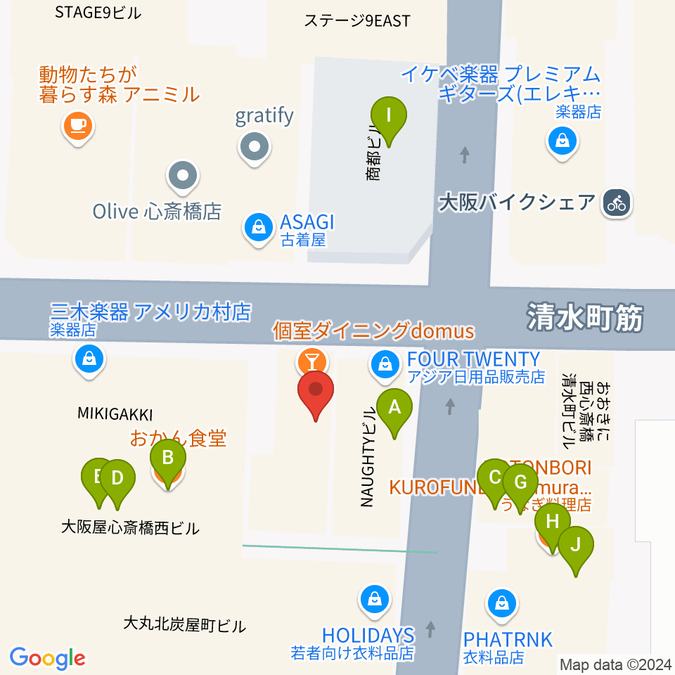 三木楽器アメリカ村店周辺のファミレス・ファーストフード一覧地図