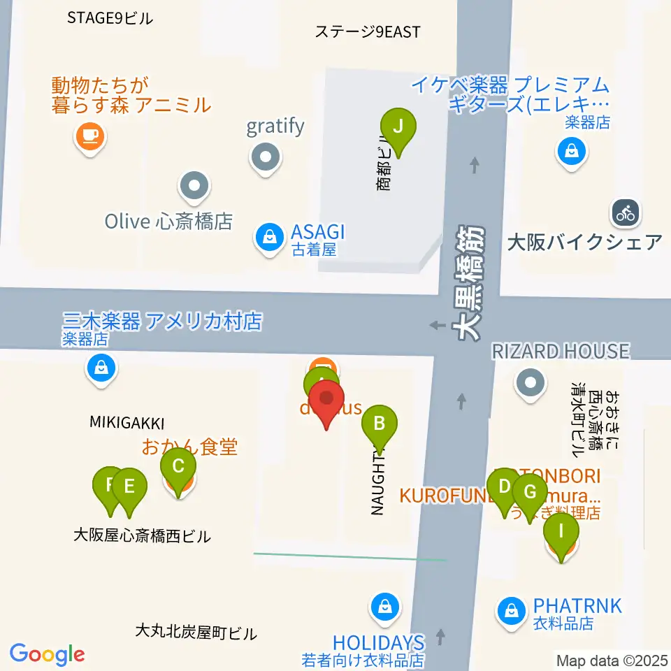 三木楽器アメリカ村店周辺のファミレス・ファーストフード一覧地図