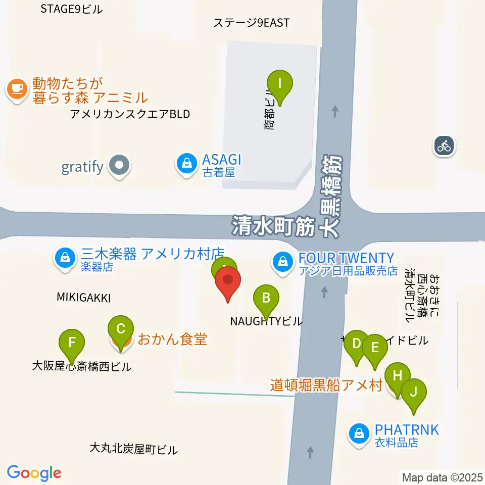 三木楽器アメリカ村店周辺のファミレス・ファーストフード一覧地図