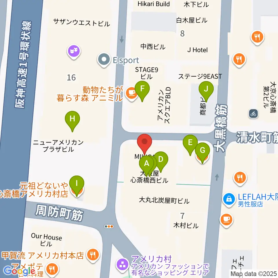 三木楽器アメリカ村店周辺のファミレス・ファーストフード一覧地図